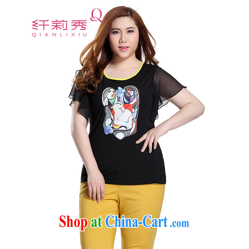 Slim LI Sau 2015 summer new, larger female American and European wind knocked color, thoughtful, stamp duty embroidered cotton shirt T Q 7859 black 4XL