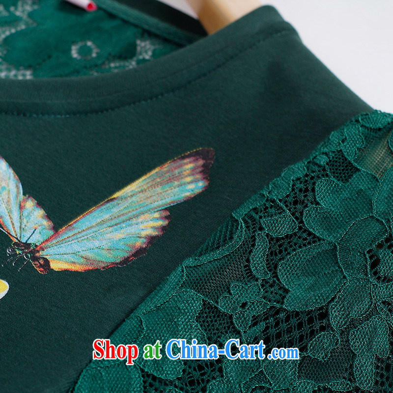Slim LI Sau 2015 summer new, larger female fashion round collar lace stitching butterfly long, long T pension Q 7863 army green 5 XL, slim Li-su, and shopping on the Internet