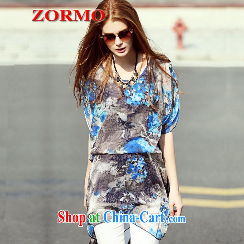 The ZORMO Code women summer wear black and blue splashed ink stamp, long, XL snow woven shirts thick mm loose shirt picture color 4 XL