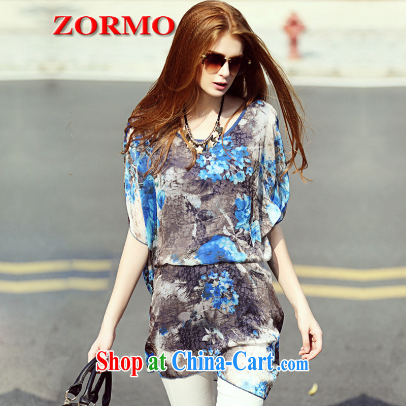 The ZORMO code female summer wear black and blue splashed ink stamp, long, XL snow woven shirts thick mm loose shirt picture color 4 XL, ZORMO, shopping on the Internet