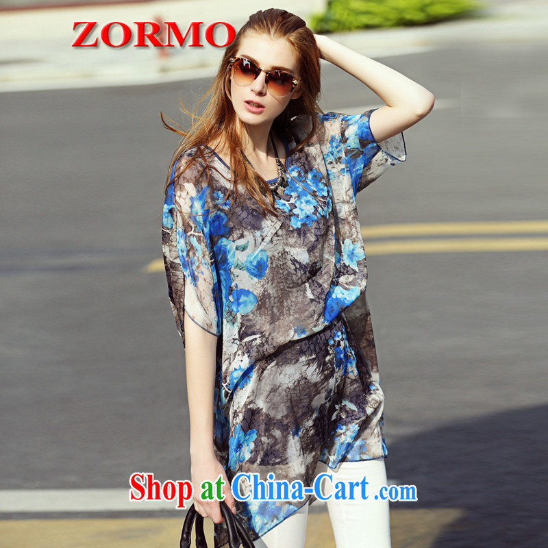 The ZORMO code female summer wear black and blue splashed ink stamp, long, XL snow woven shirts thick mm loose shirt picture color 4 XL, ZORMO, shopping on the Internet