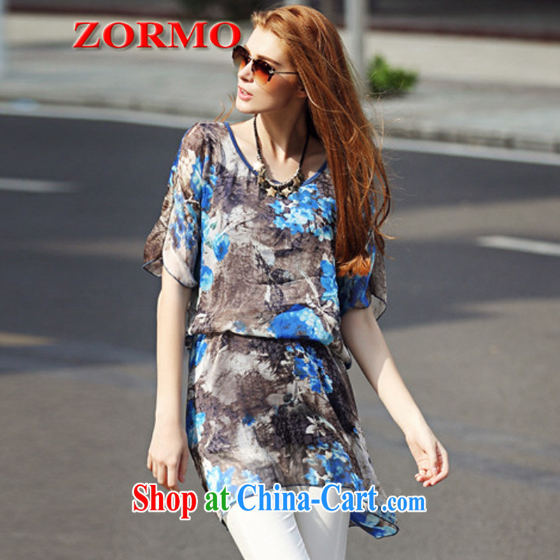 The ZORMO code female summer wear black and blue splashed ink stamp, long, XL snow woven shirts thick mm loose shirt picture color 4 XL, ZORMO, shopping on the Internet