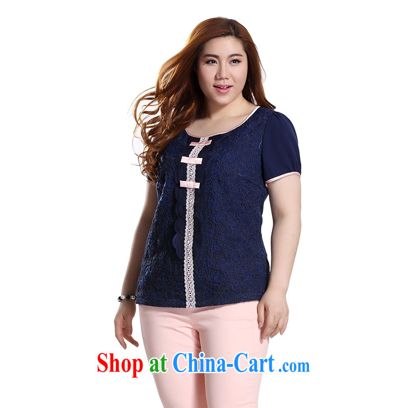 Slim Li-su 2015 summer new code female hit-color round-collar lace knocked colors short-sleeved lace T-shirt T-shirt Q 7839 Tibetan blue 4XL, slim Li-su, and shopping on the Internet