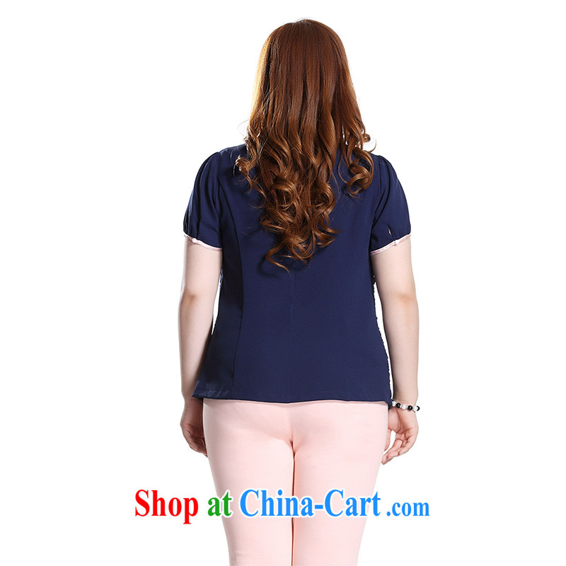 Slim Li-su 2015 summer new code female hit-color round-collar lace knocked colors short-sleeved lace T-shirt T-shirt Q 7839 Tibetan blue 4XL, slim Li-su, and shopping on the Internet