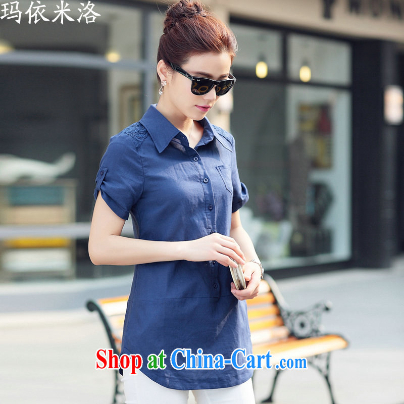 2015 summer new female Korean version linen large code female lace solid short-sleeved, long shirt, women, older women with new blue XXL recommendations 130 - 145 jack