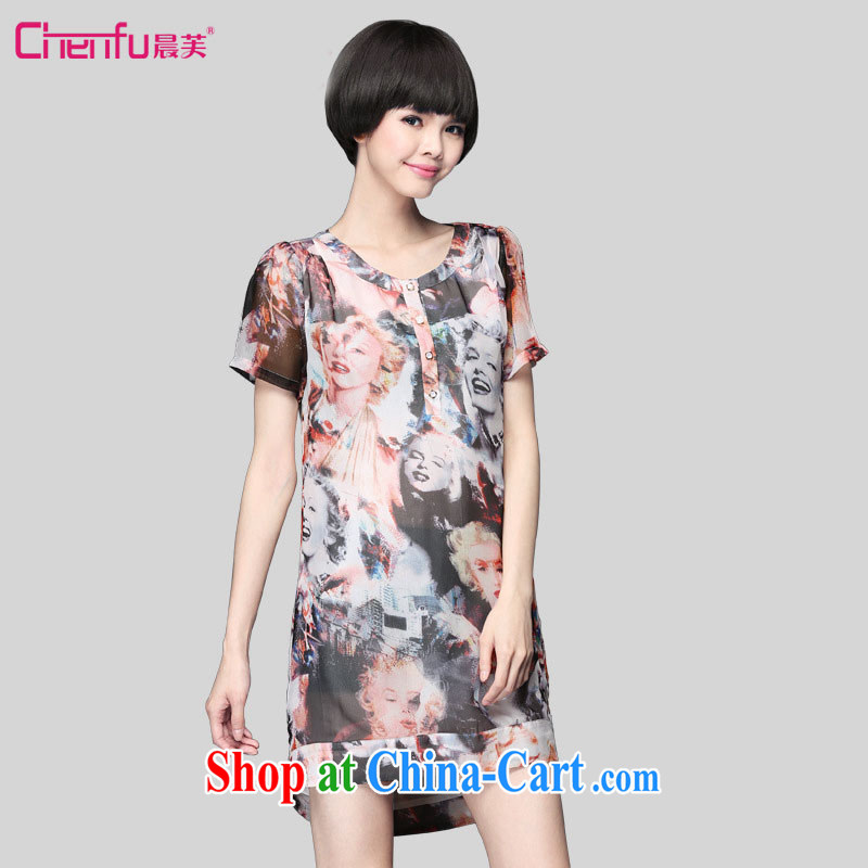 Morning in Europe and America would be the fat XL women summer 2015 new round-collar short-sleeve figures snow woven dresses skirts mm thick graphics thin stamp dresses picture color 5 XL _180 - 200 _ jack