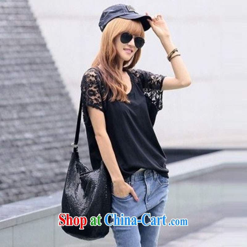 Sincerely, The Code female summer, new Korean version thick mm XL lace stitching short Y 5369 black XXXXL, sincerely, (qilemei), online shopping