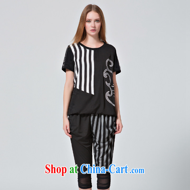 EKDI_clothing and express the Code women summer 2015 new striped lace Openwork short-sleeved T shirts 7 pants Kit black 4 XL
