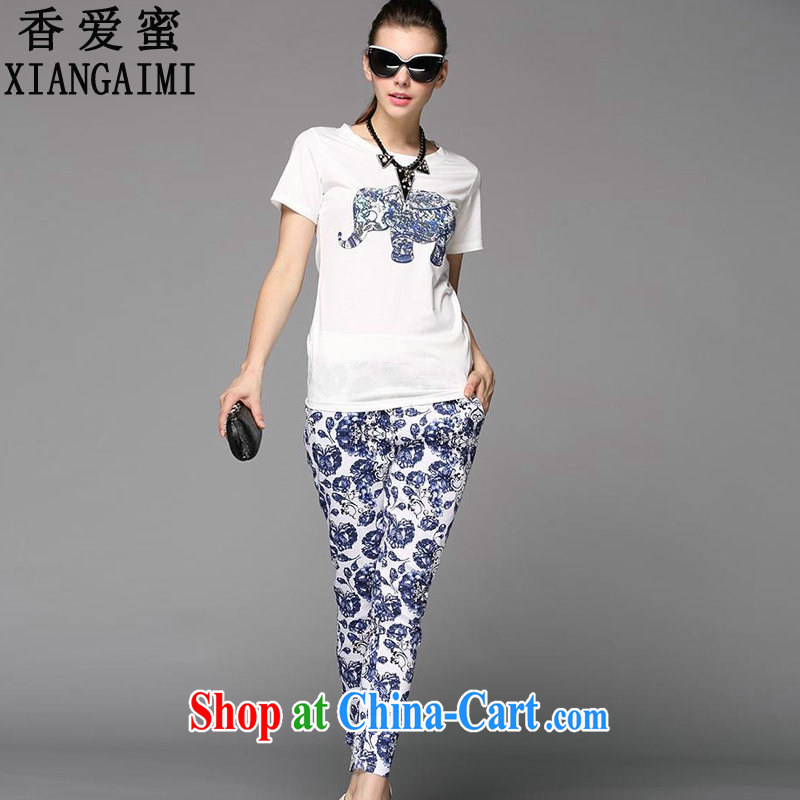 Fragrant Honey Love 2015 summer new loose the code short-sleeve T shirt + snow woven blue and white porcelain beauty 9 castor pants female sport and leisure two piece set drawing color XXXXXL