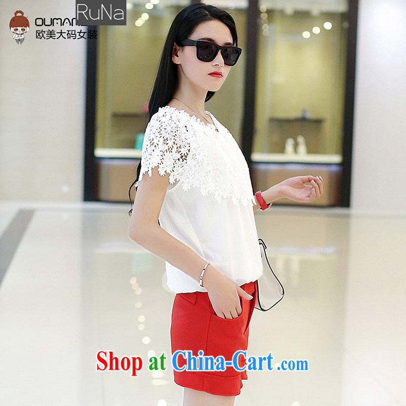 The Code's stylish package thick mm summer Korean round-collar short-sleeve lace T-shirt shorts thick sister two-piece + 1795 white + red 4 XL - 160 - 180 jack