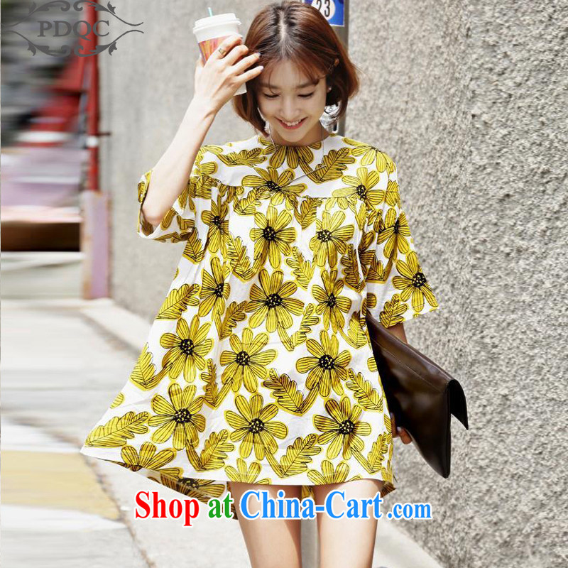 PDQC summer 2015 new, long T pension Korea-U.S. retro flowers loose doll wind graphics thin ultra short dresses yellow XXL