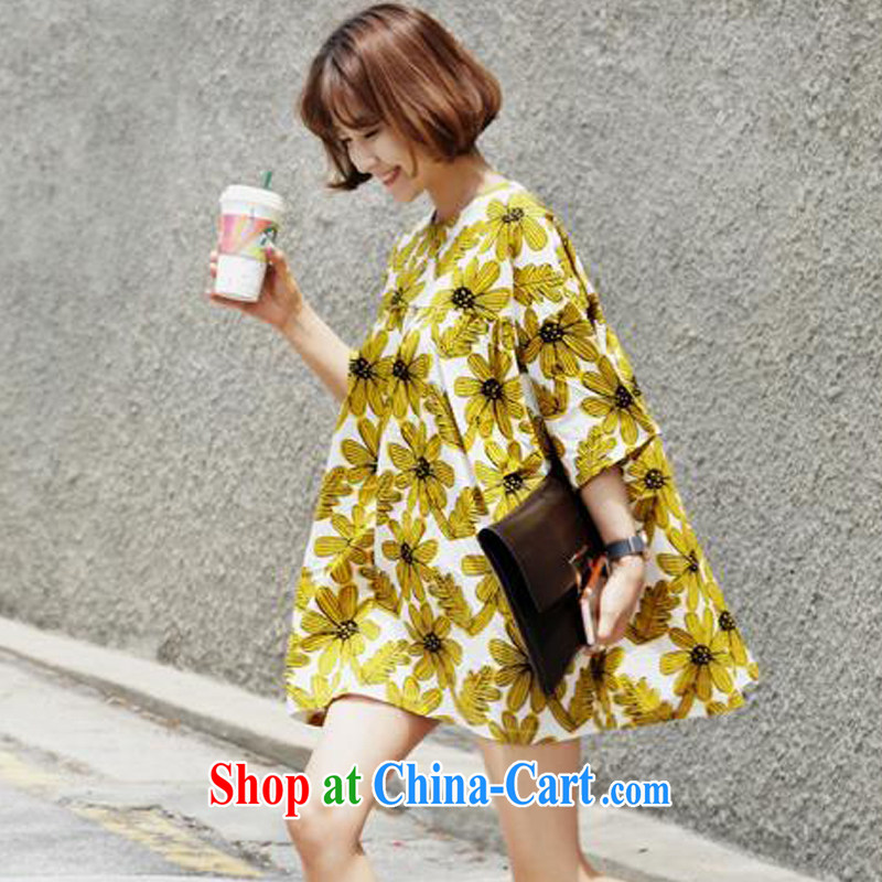 PDQC summer 2015 new, long T pension Korea-U.S. retro flowers loose doll wind graphics thin ultra short dresses yellow XXL, PDQC, shopping on the Internet