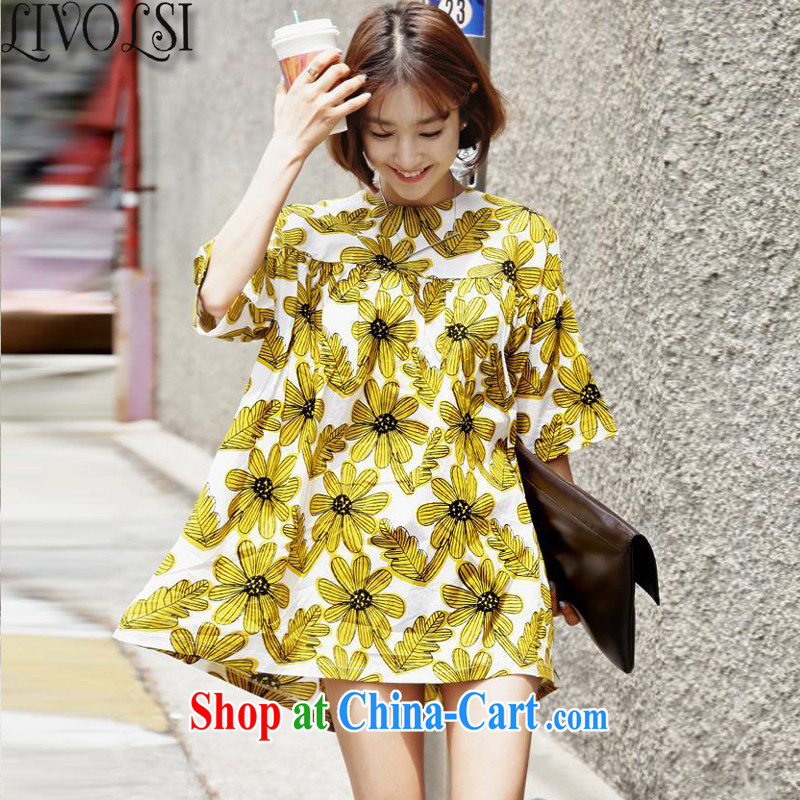 Livolsi summer 2015 new, long T pension Korea-U.S. retro flowers loose doll wind graphics thin ultra short dresses yellow XXL