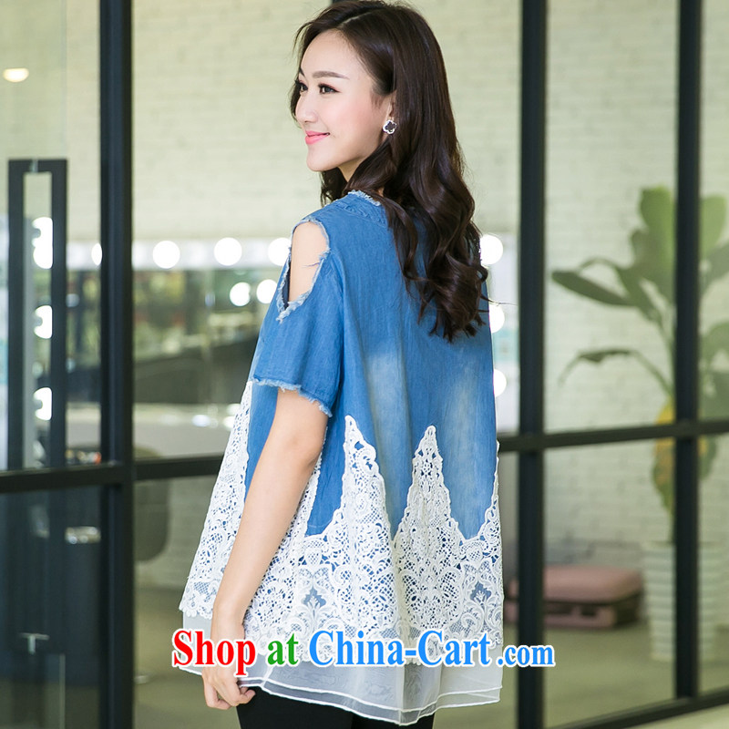 Huan Zhu Ge Ge Ge 2015 and indeed increase, female summer new short-sleeved your shoulders T denim shirt white lace stitching, long T-shirt girls 5502 blue 3 XL, giggling auspicious, shopping on the Internet