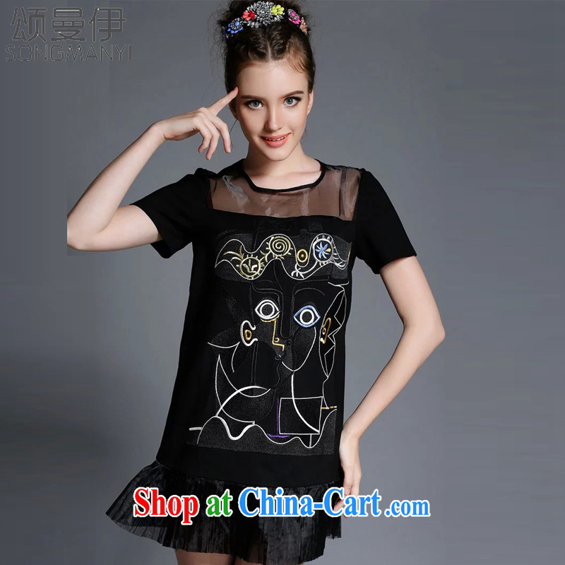 Also, the 2015 summer new in Europe and America, the girls decorated in graphics thin, long-sleeved embroidery flower mm thick dress 9050 black XXXXL