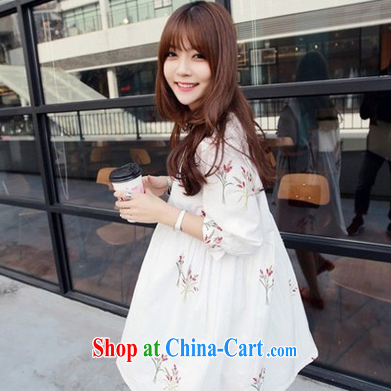 PDQC summer 2015 Korean version of the new skirt, very casual College wind 5 cuff the code has been the embroidery dresses female white 3 XL, PDQC, shopping on the Internet