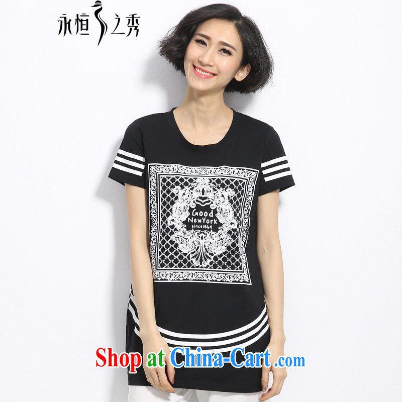 Eternal show Summer 2015 mm thick new larger female cotton stamp pattern long Graphics thin T shirt black 3 XL