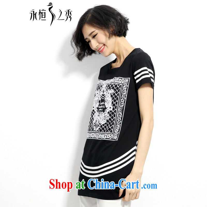 Eternal show Summer 2015 mm thick new, larger female pure cotton floral pattern long Graphics thin T shirt black 3 XL, eternal, and the show, and shopping on the Internet