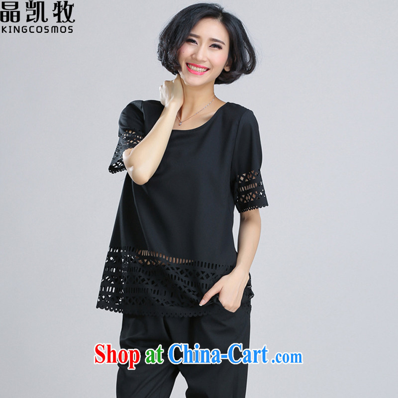 crystal, the larger female summer new female Openwork snow woven shirts leisure package two-piece CDM 621 black XXXXL