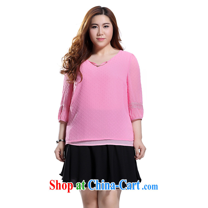 Slim Li-su 2015 summer new, larger female-V-neck bow-tie with a romantic three-dimensional love point H-graphics thin ice woven shirts Q 8398 pink 5 XL, slim Li-su, and online shopping