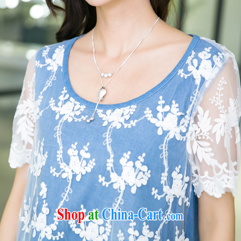 Huan Zhu Ge Ge Ge 2015 the Code women's clothing summer New, and indeed more relaxed graphics thin short-sleeved round-collar lace stitching denim dress X 5501 light blue jeans blue 3 XL, Huan Zhu Ge Ge Ge, shopping on the Internet