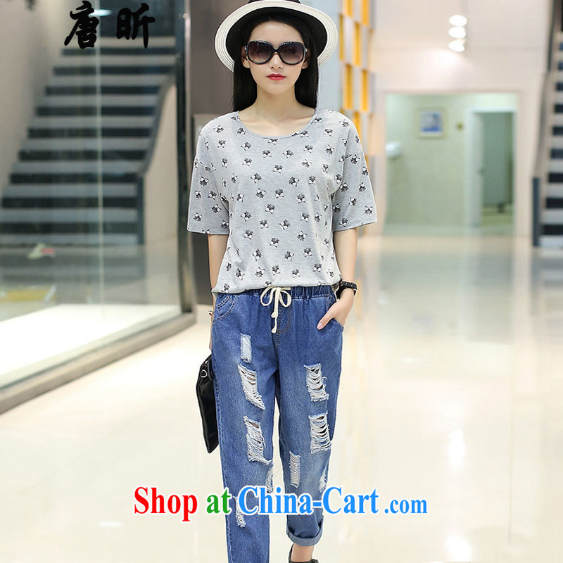 Tang year summer new Europe is the female Two-piece 200 jack and indeed increase stamp duty cotton T shirt + jeans gray + jeans 1789 XL 4 165 - 175 Jack left and right