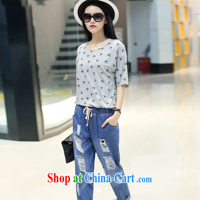 Tang year summer new European and American large code female Two-piece 200 jack and indeed increase stamp duty cotton T shirt + jeans gray + jeans 1789 XL 4 165 - 175 jack, Tang, and shopping on the Internet