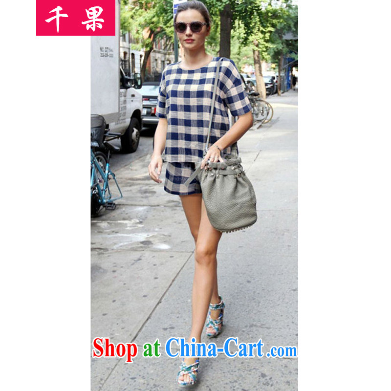 1000 if the Code women 2015 summer new thick mm loose video thin cotton the Commission checked short-sleeved shirt T + elastic waist shorts two pack 5151 blue checkered XL 5, 1000 fruit (QIANGUO), online shopping