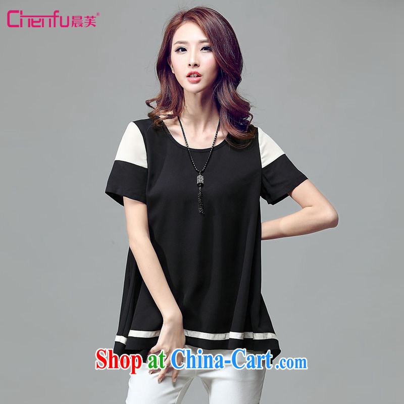 Early morning would be the fat increase, female 2015 summer new Korean style hit color snow woven A is short-sleeved shirt T mm thick loose video thin knocked color stitching snow woven shirts black 4XL