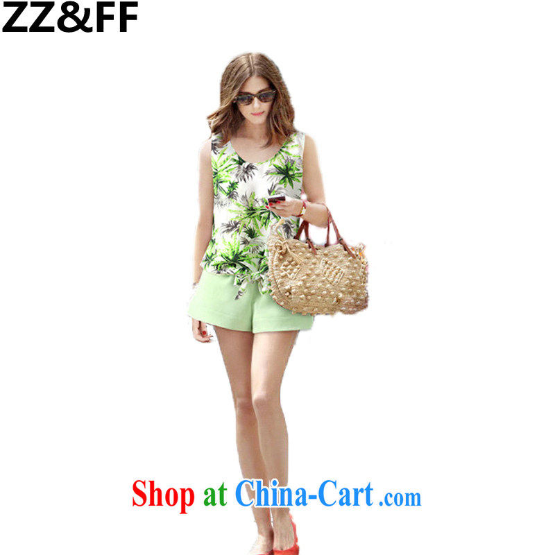 ZZ _FF summer 2015 new larger female 200 Jack thick MM small fresh stamp snow woven vest T shirt + pure color wide leg shorts two picture color XXXXXL