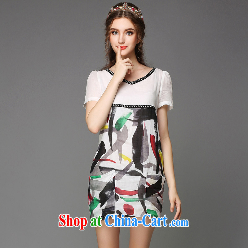 The Connie was a high-end European and American 200 Jack large, female summer is the more stylish V collar loose hit color painting the cotton dress short-sleeved G - Y 780 white XXXXL, Anne's dream, and shopping on the Internet