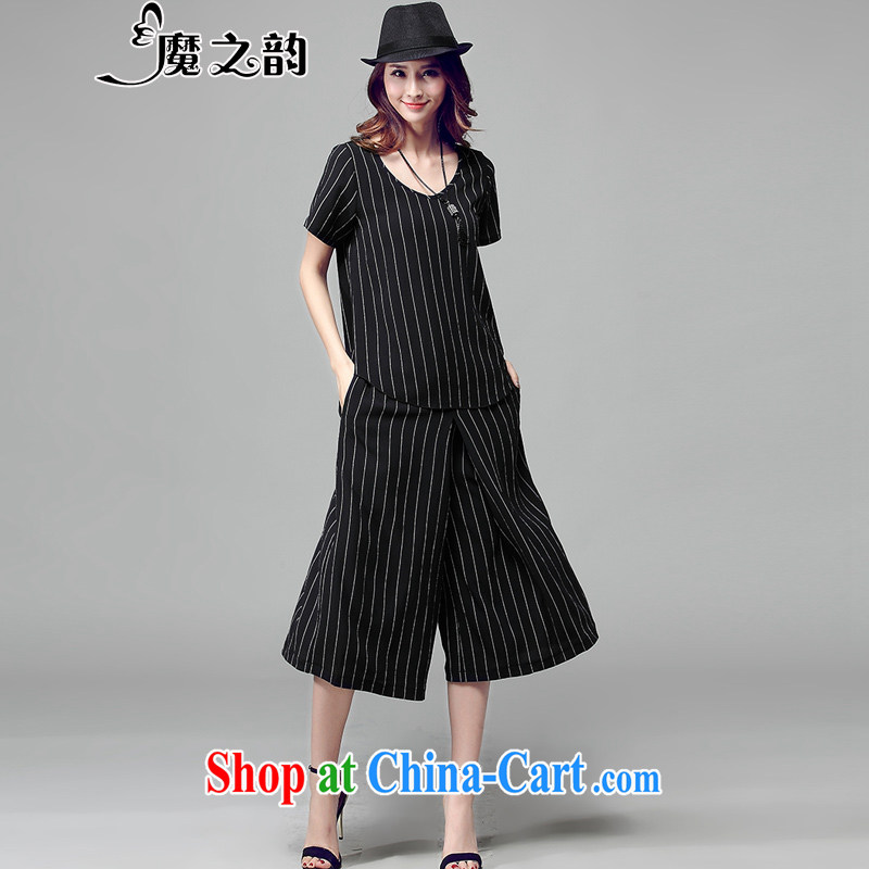 Magic of the larger female Summer Package the fat increase Korean fat people fat sister graphics thin T-shirt + Wide Leg Dress Pants 88,010 black XXXXL