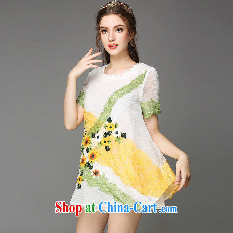 Connie's dream in Europe and high-end the fat increase, female 200 Jack summer thick sister elegant embroidered stylish petal collar stitching lace dresses G - Y 791 white 5 XL, Anne's dream, and shopping on the Internet