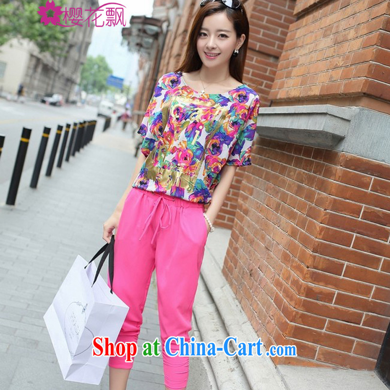 Cherry blossoms floating large, female summer is the increased emphasis on MM summer short-sleeved snow woven T-shirt thick sister Korean version 7 pants Leisure package green XXXXL, the cherry blossoms floating (yinghuapiao), online shopping