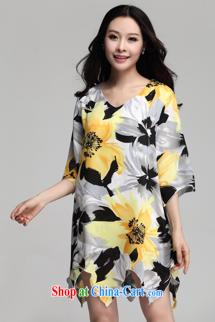Ms Audrey EU aviation Summer Snow woven Korean version does not rule 5 sub-cuff V collar loose video thin large, thick MM female dresses ZM 7555 yellow XXXL pictures, price, brand platters! Elections are good character, the national distribution, so why buy now enjoy more preferential! Health
