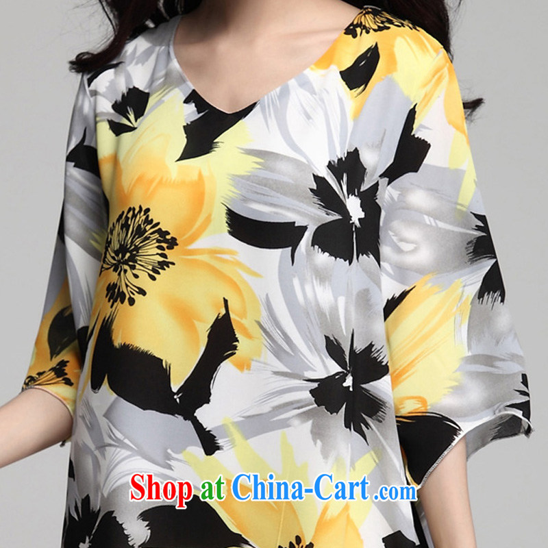 Ms Audrey EU aviation Summer Snow-woven Korean version does not rule 5 sub-cuff V collar loose video thin large, thick MM female dresses ZM 7555 yellow XXXL, Kou Wei (jiaowei), shopping on the Internet