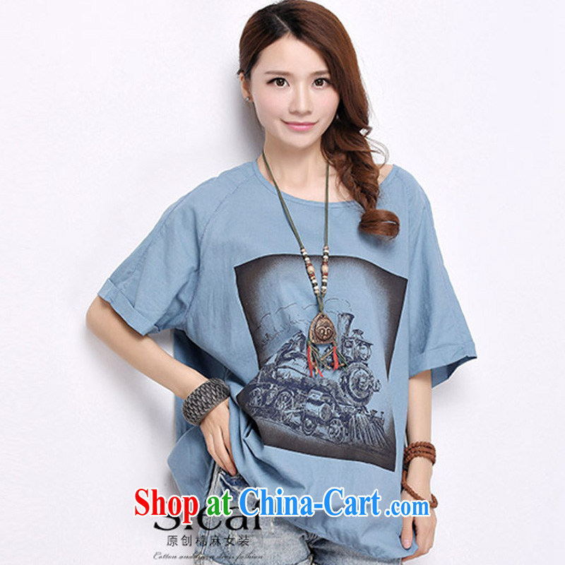 Diane of 2015 vines into the new, larger female stamp short-sleeved linen T-shirt stamp leisure cotton Ma T-shirt blue XXL