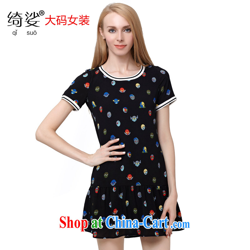 cheer for 2015 summer new, larger female thick MM graphics thin card stamp snow woven short-sleeved dress 2799 black 2 XL