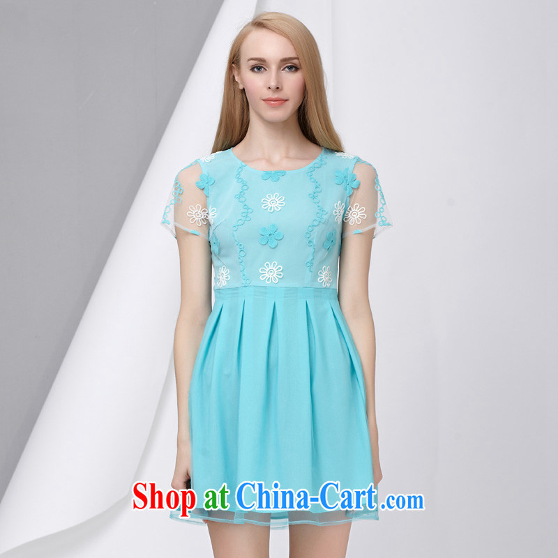 cheer for the code's 2015 summer new emphasis on cultivating MM graphics thin sweet lace short-sleeved large code dress 2852 blue 3 XL, cross-sectoral provision (qisuo), online shopping