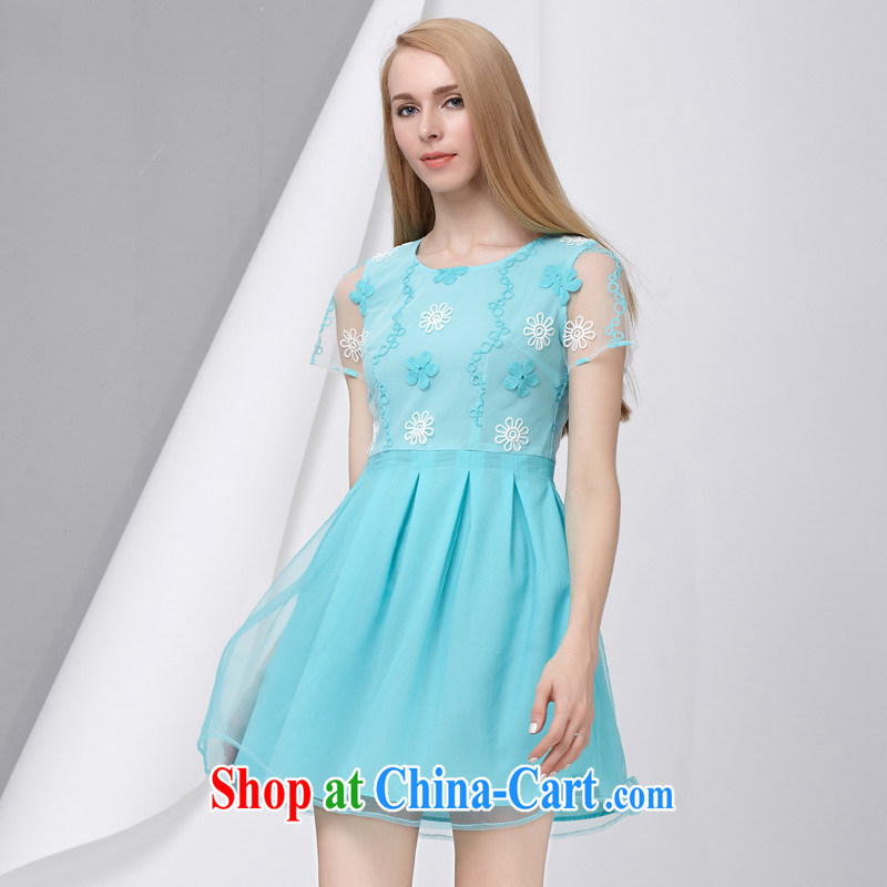 cheer for the code's 2015 summer new emphasis on cultivating MM graphics thin sweet lace short-sleeved large code dress 2852 blue 3 XL, cross-sectoral provision (qisuo), online shopping