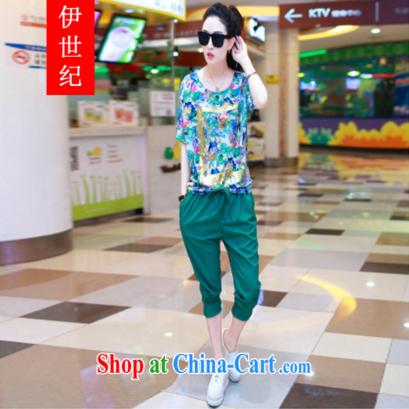 The 21st century is the increasing female thick mm summer short-sleeved T-shirt Jack thick sister Korean version 7 pants Leisure package B 273 green XXL