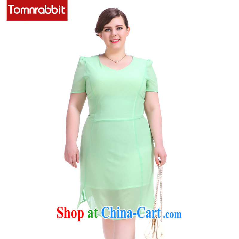 European and American high-end large code dress dresses new thick sister graphics thin V collar short-sleeved snow woven skirt large green code XL _pre-sale 30 days Shipment_