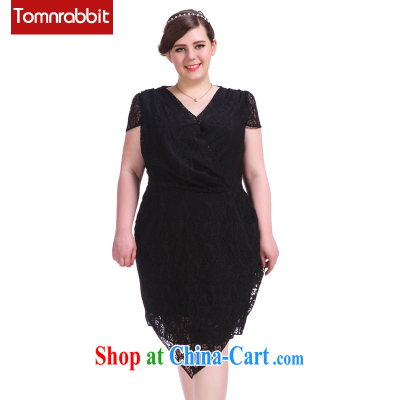 The 2015 code female summer new lace stitching does not rule out the V collar short-sleeve dress black large code XL _pre-sale June 12 shipment_