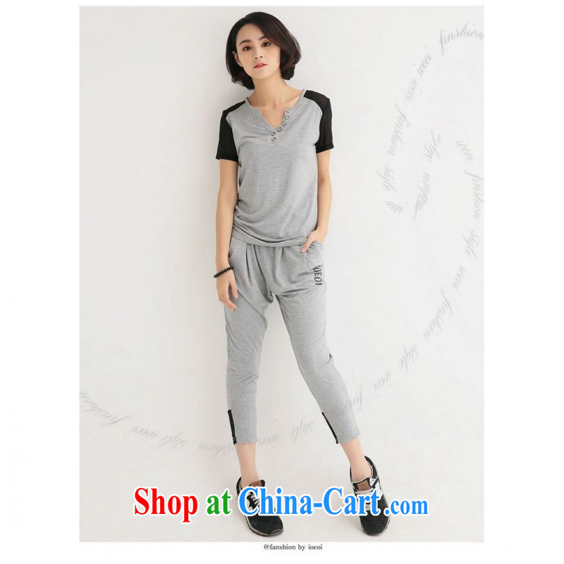 The package-mail 2015 Korean version summer new stylish aura leisure XL thick MM Sau San video thin female stamp stitching sportswear gray 4 XL, land is still the garment, shopping on the Internet