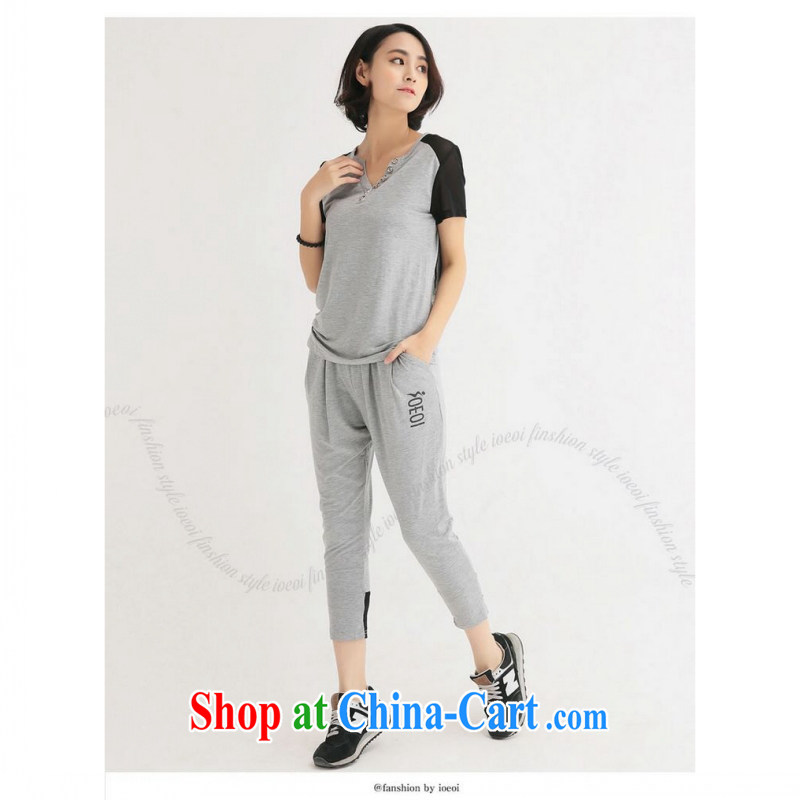 The package-mail 2015 Korean version summer new stylish aura leisure XL thick MM Sau San video thin female stamp stitching sportswear gray 4 XL, land is still the garment, shopping on the Internet