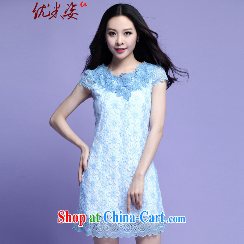Optimize m Beauty Package e-mail delivery 2015 summer new code dress Openwork lace lace collar dress A field short-sleeved beauty graphics thin dresses, vest blue 4 XL for 165 - 185 jack