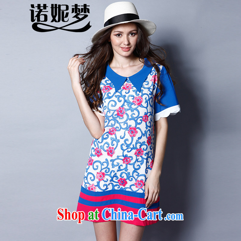 Connie's dream in Europe and the Code women summer 2015 new thick mm fashion doll short-sleeved stamp dress J 8228 blue XXXL