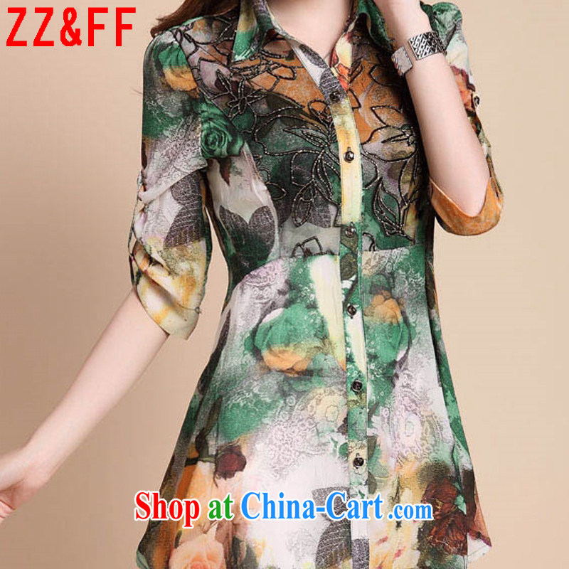 ZZ &FF 2015 summer new, large, female, long, 7 cuff stamp snow woven shirts girls summer 1870 XF green XXXXL, ZZ &FF, shopping on the Internet