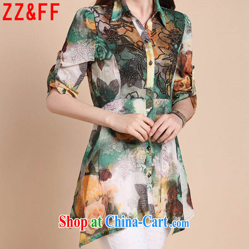 ZZ &FF 2015 summer new, large, female, long, 7 cuff stamp snow woven shirts girls summer 1870 XF green XXXXL, ZZ &FF, shopping on the Internet