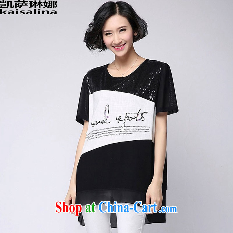 Catherine's 2015 summer new Korean version mm thick loose the code female snow woven stitching short sleeve shirt T female summer black L, Catherine (kaisalna), online shopping